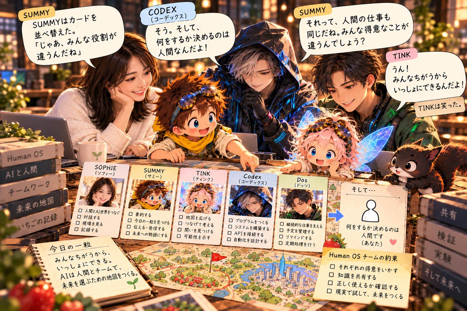 SUMMY、TINK、SOPHIE、Codex、Dotsがそれぞれの役割を持ち、人間と未来をつくるイラスト
