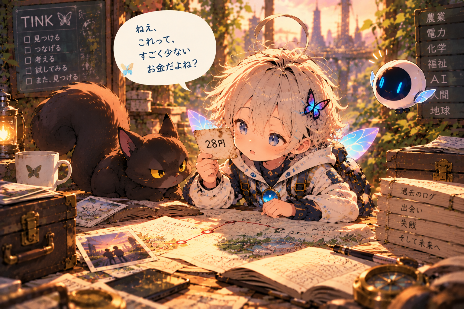TINKが28円のカードを持ち、黒いリスとともに過去と未来の地図を眺める夕暮れのイラスト