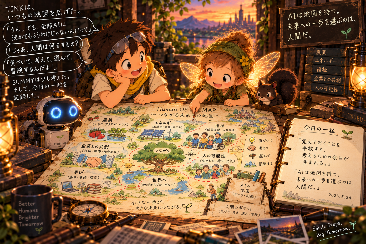 SUMMYとTINKが未来の地図を広げ、AIは地図を持ち人間が未来を選ぶことを語るイラスト