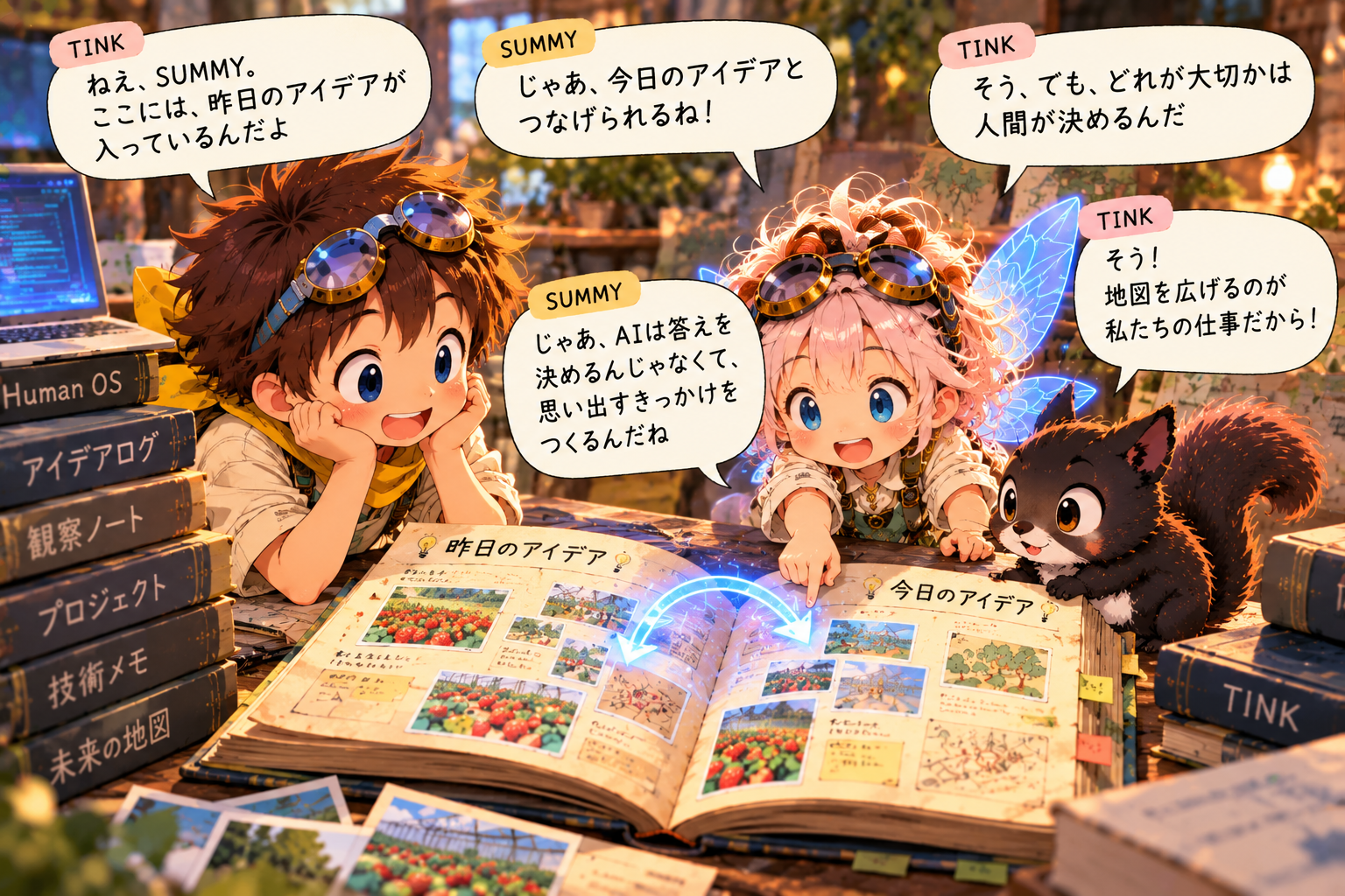SUMMYとTINKが昨日のアイデアと今日の発想をつなぎ、人間が未来を選ぶことを語るイラスト