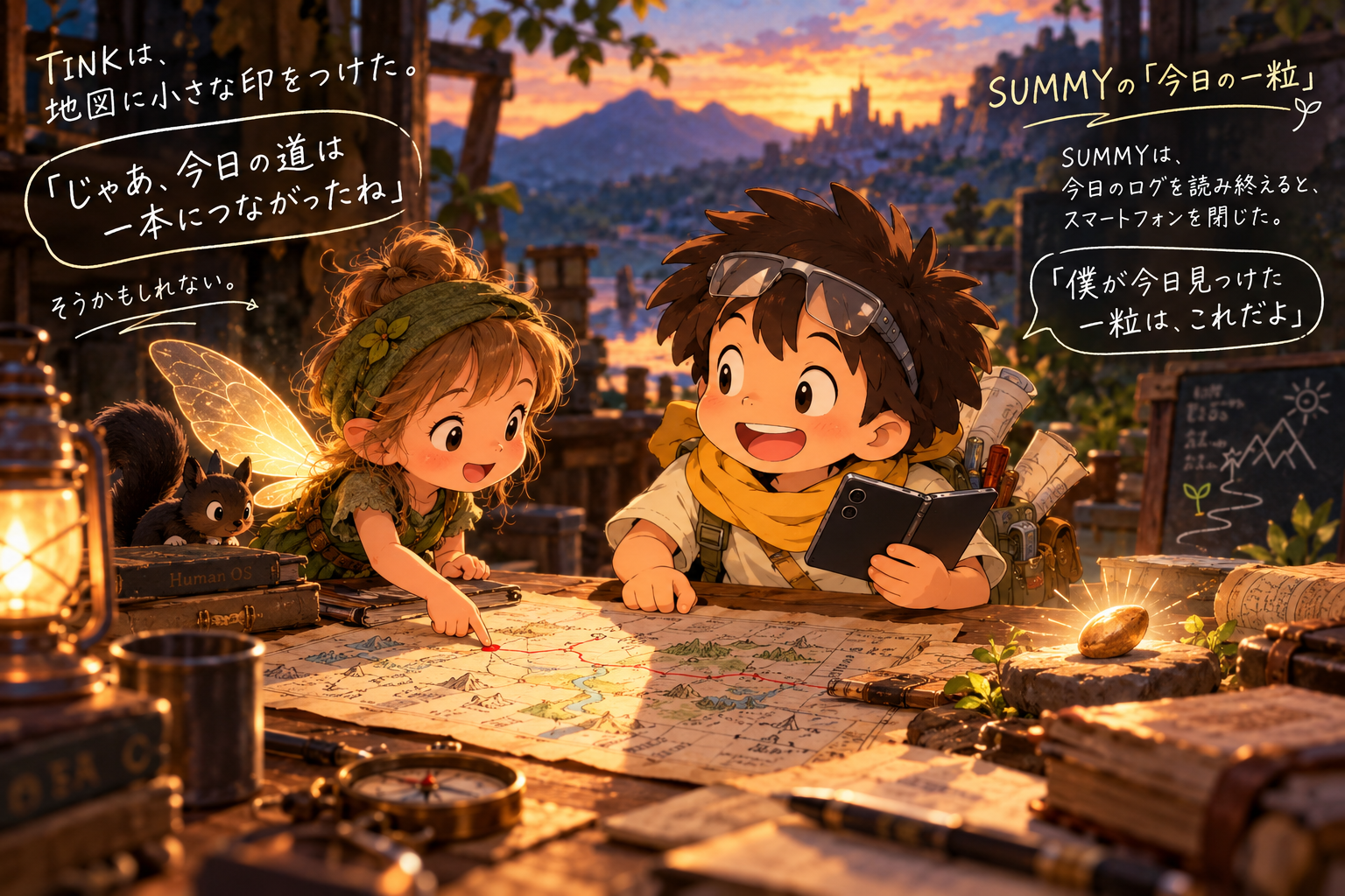 夕暮れの地図を囲むTINKとSUMMY、今日の一粒を見つける場面