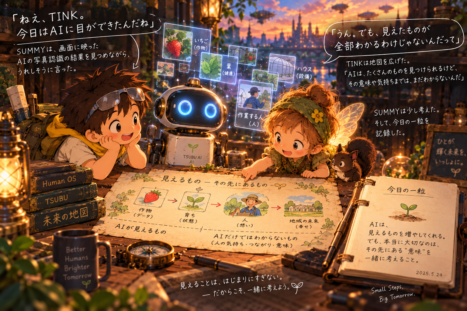 SUMMYとTINKがAIに見える情報とその先にある人の思いについて語るイラスト
