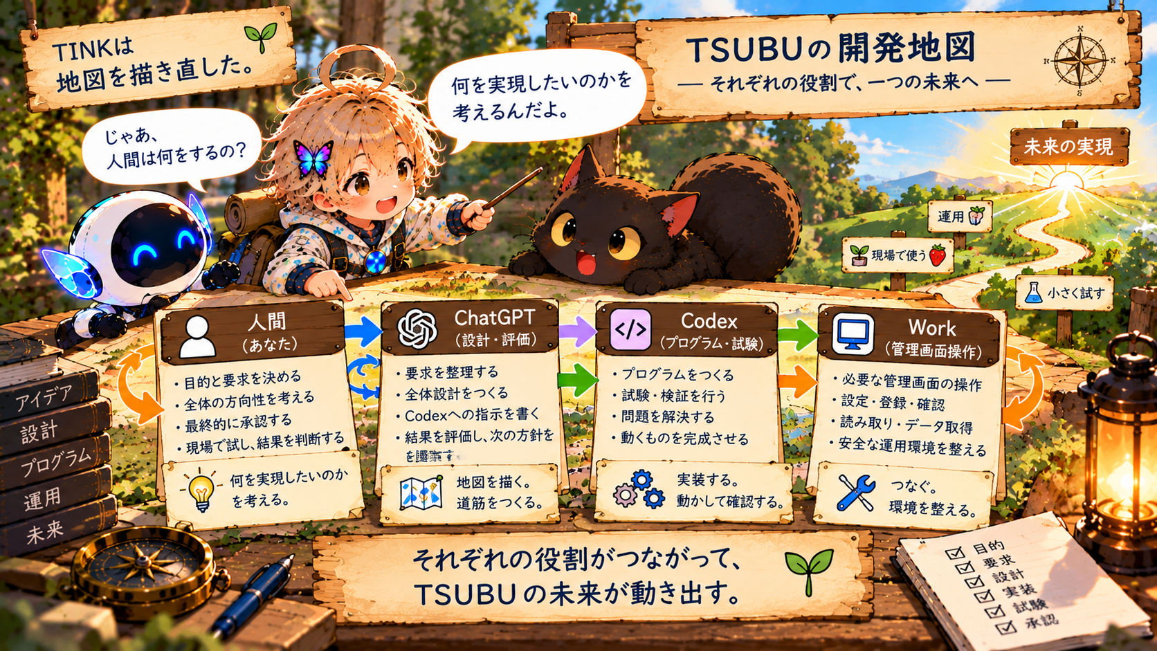 TINKが人間、ChatGPT、Codex、Workの役割分担を描いたTSUBU開発地図