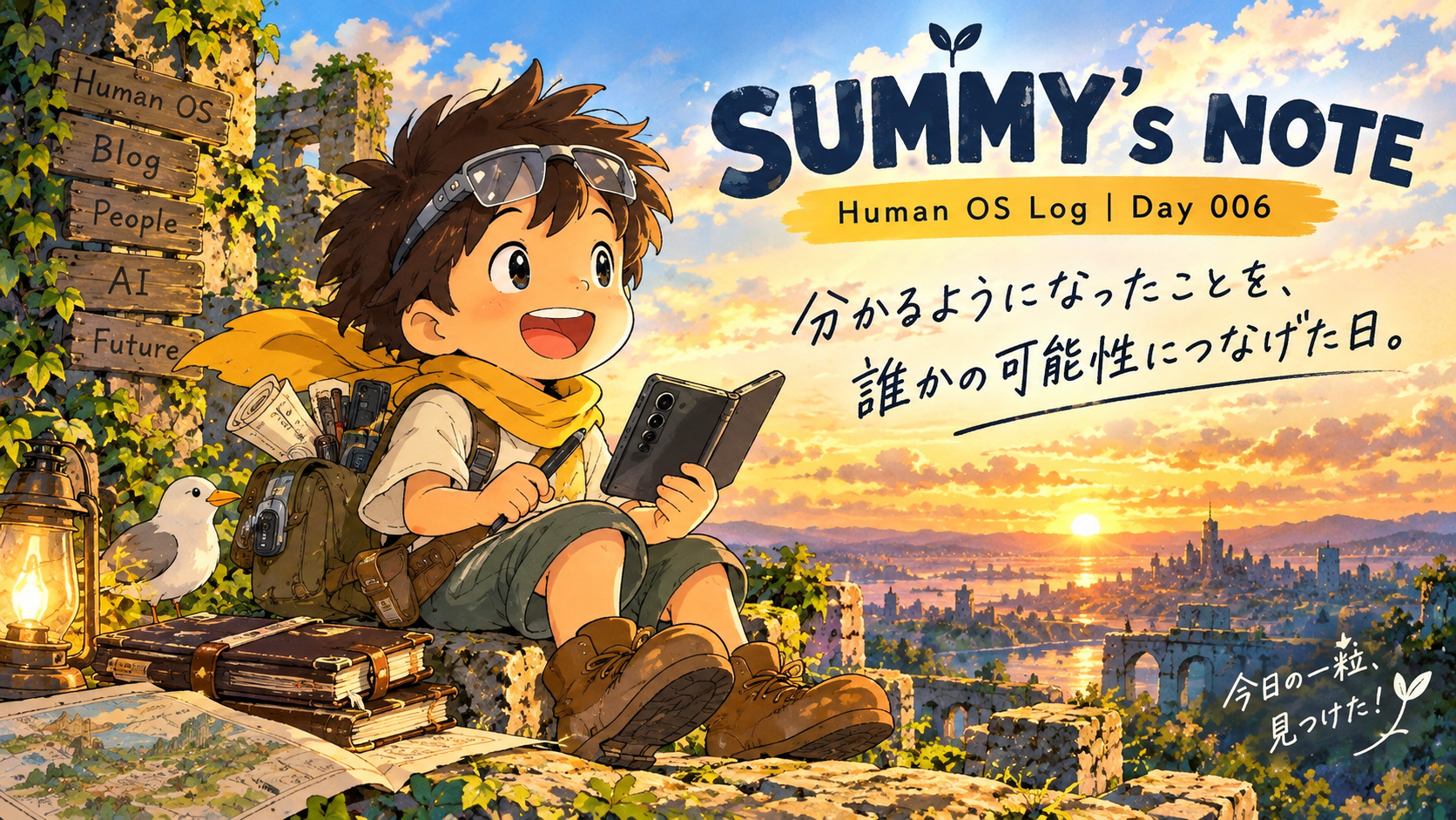 SUMMYが最新型スマートフォンを持ち、夕焼けの街を眺める Human OS Log Day 006 アイキャッチ