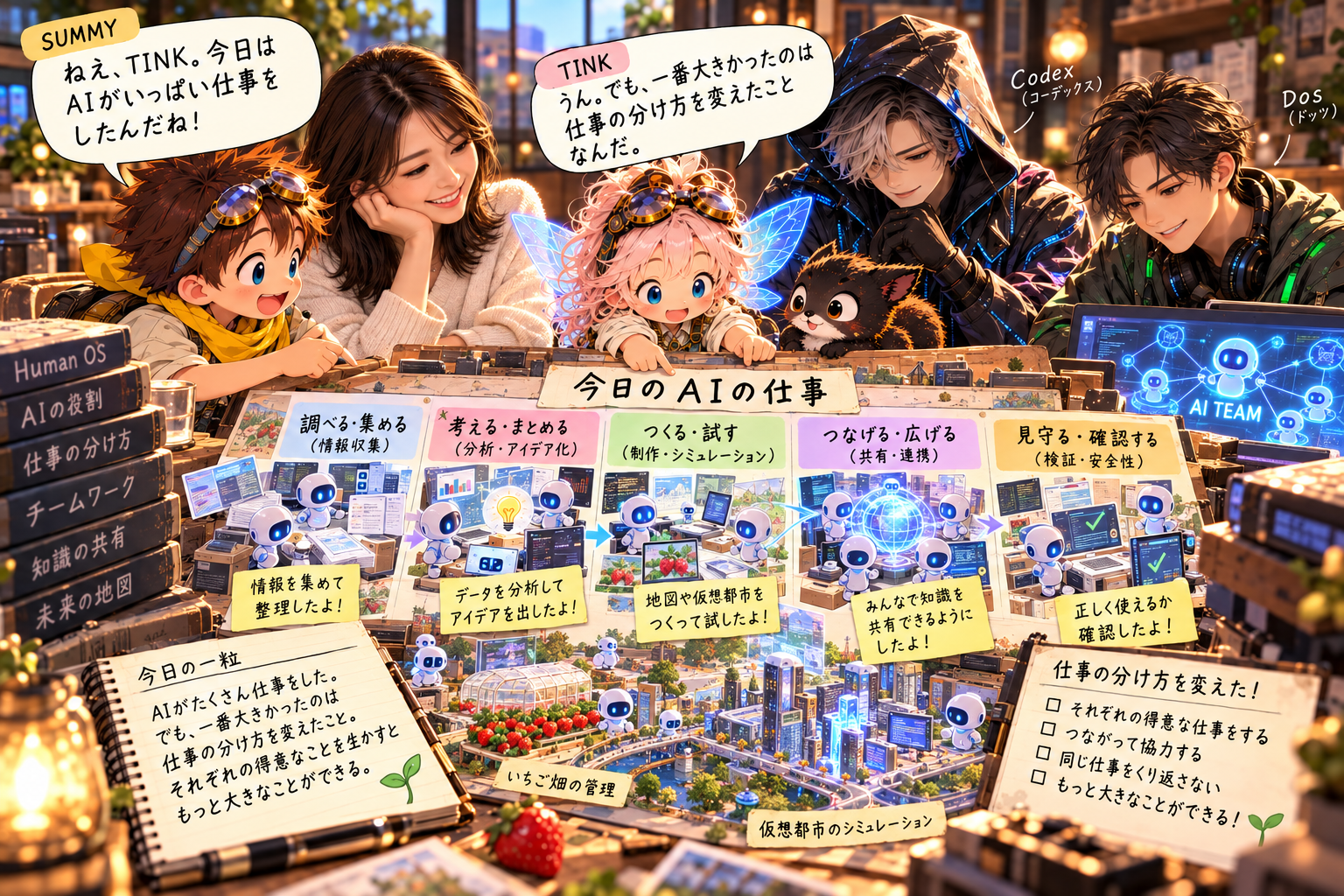 SUMMYとTINK、SOPHIE、Codex、DotsがAIの役割分担を考えるイラスト