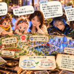 SUMMY、TINK、SOPHIE、Codex、Dotsが、AIの自由に進む力と安全に止まる仕組みをいちご畑と未来都市の地図を囲んで話し合う