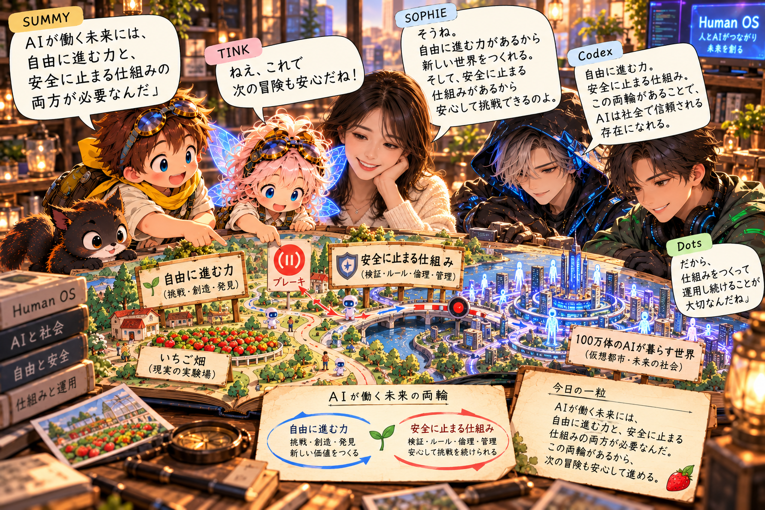 SUMMY、TINK、SOPHIE、Codex、Dotsが、AIの自由に進む力と安全に止まる仕組みをいちご畑と未来都市の地図を囲んで話し合う