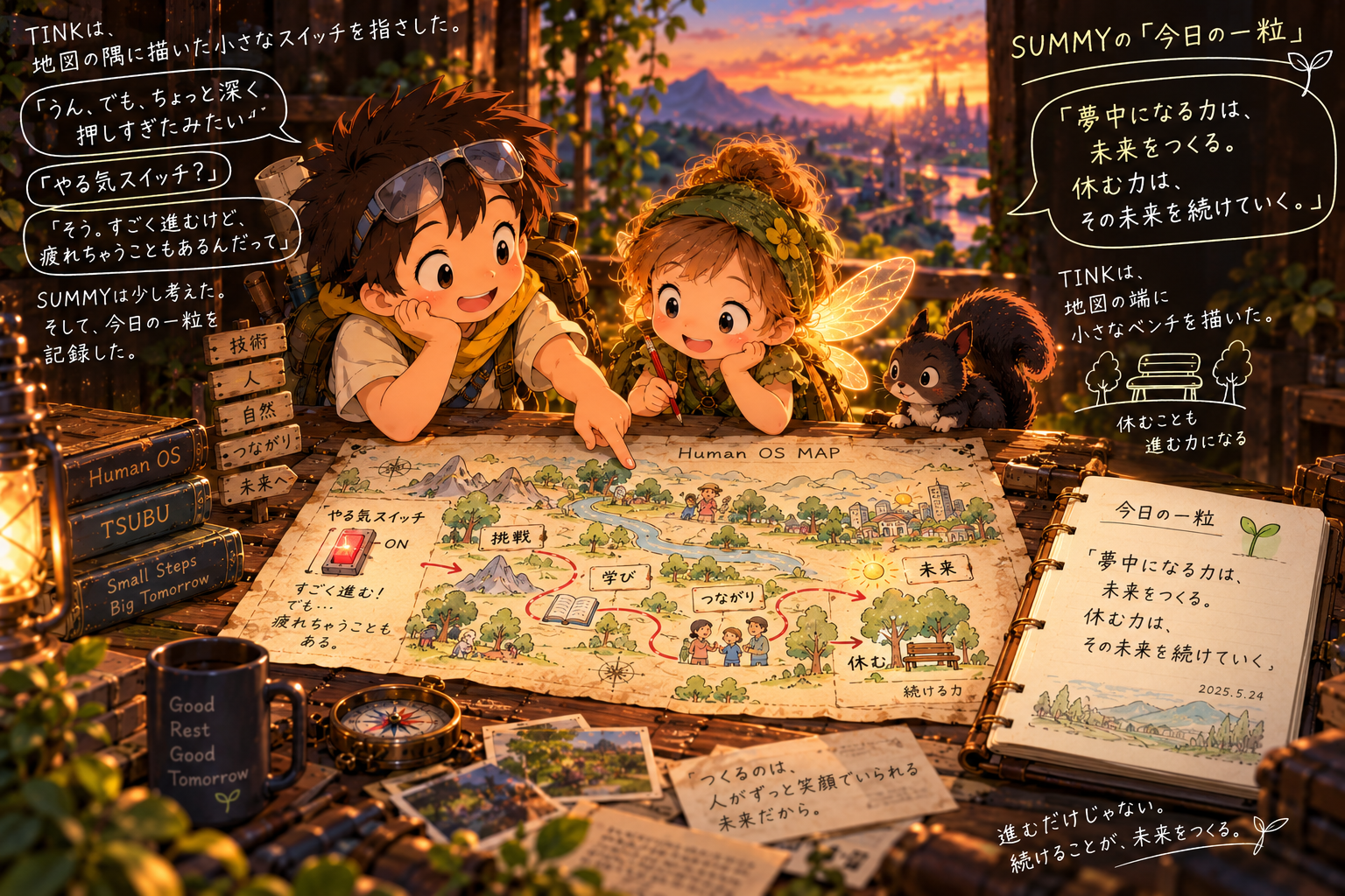 TINKとSUMMYが未来の地図を見ながら、やる気スイッチと休息の大切さを話し合う