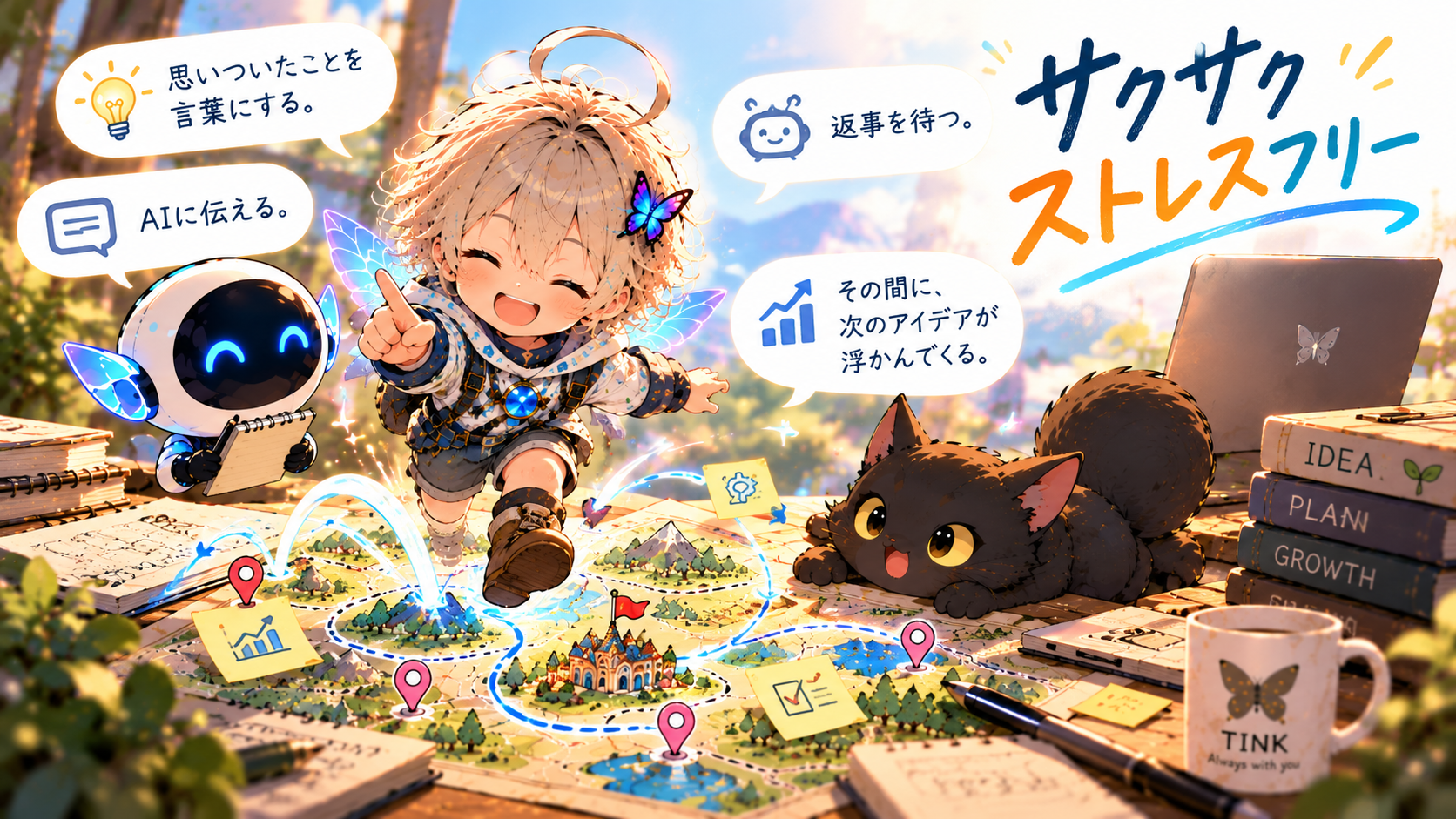 TINKとAIがサクサクストレスフリーな対話でアイデアをつなぐイラスト