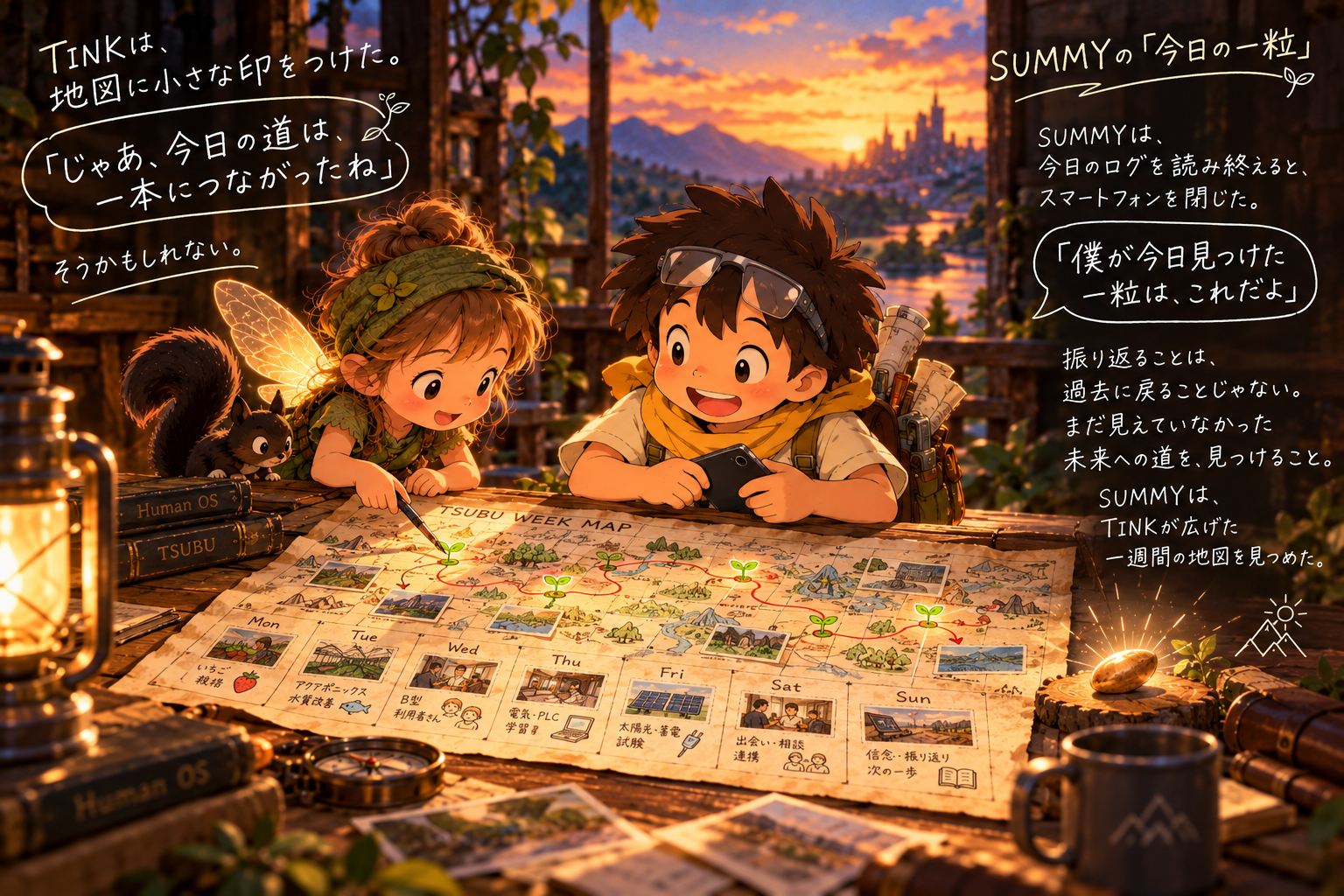 TINKとSUMMYが夕暮れの中、一週間の出来事を描いた地図を広げ、未来への道を見つける