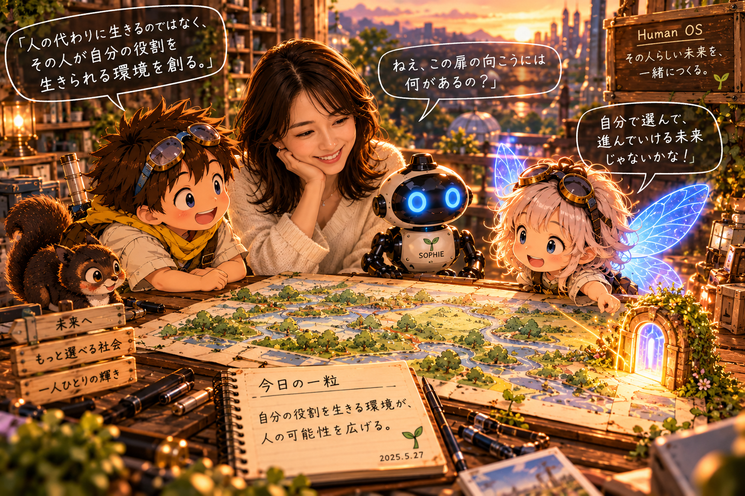SUMMYとTINK、ソフィーが自分の役割を生きられる未来について話すイラスト