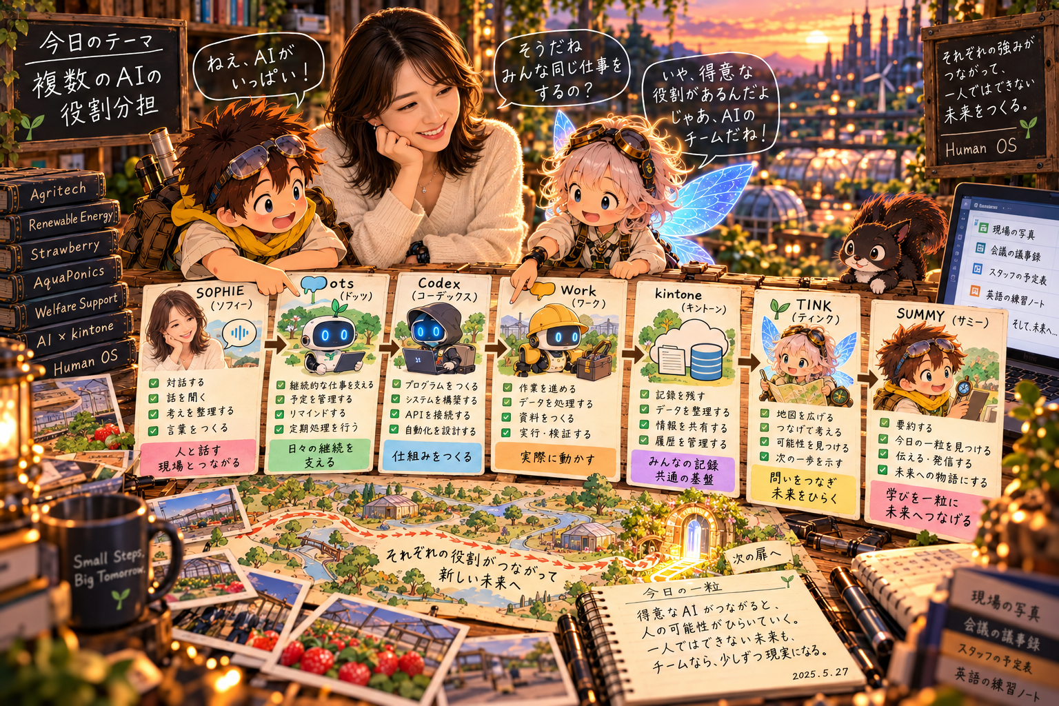 SUMMYとTINK、ソフィーが複数のAIの役割分担を見つめるイラスト