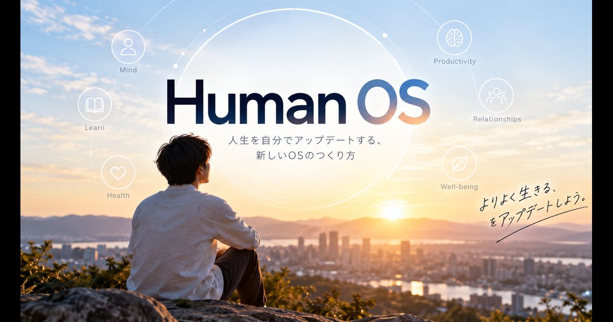 朝日と街を眺める人物とHuman OSのタイトル